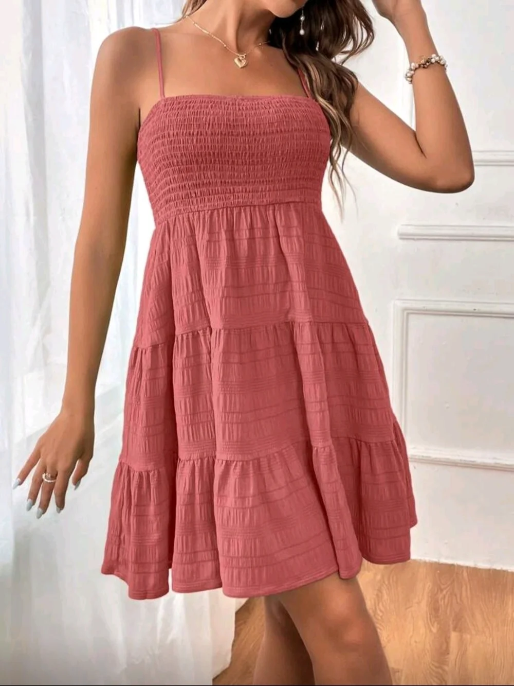 SHEIN Dusty Rose Smocked Tiered Spaghetti Strap Mini Dress - Picture 2 of 15